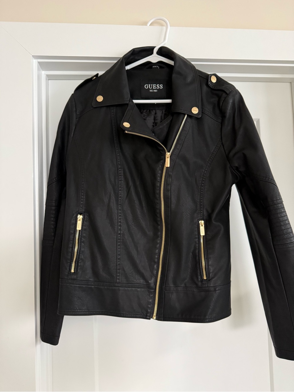 Guess Black Faux Leather Moto Jacket with Gold Zippers